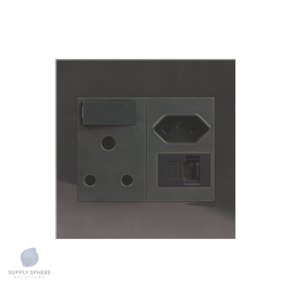 Single Switched Socket - 1x16A + 1 x IEC + 1 Shuttered USB Charcoal